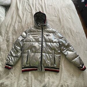 Tommy Hilfiger Metallic Silver Puffer Jacket with Red & Navy Trim